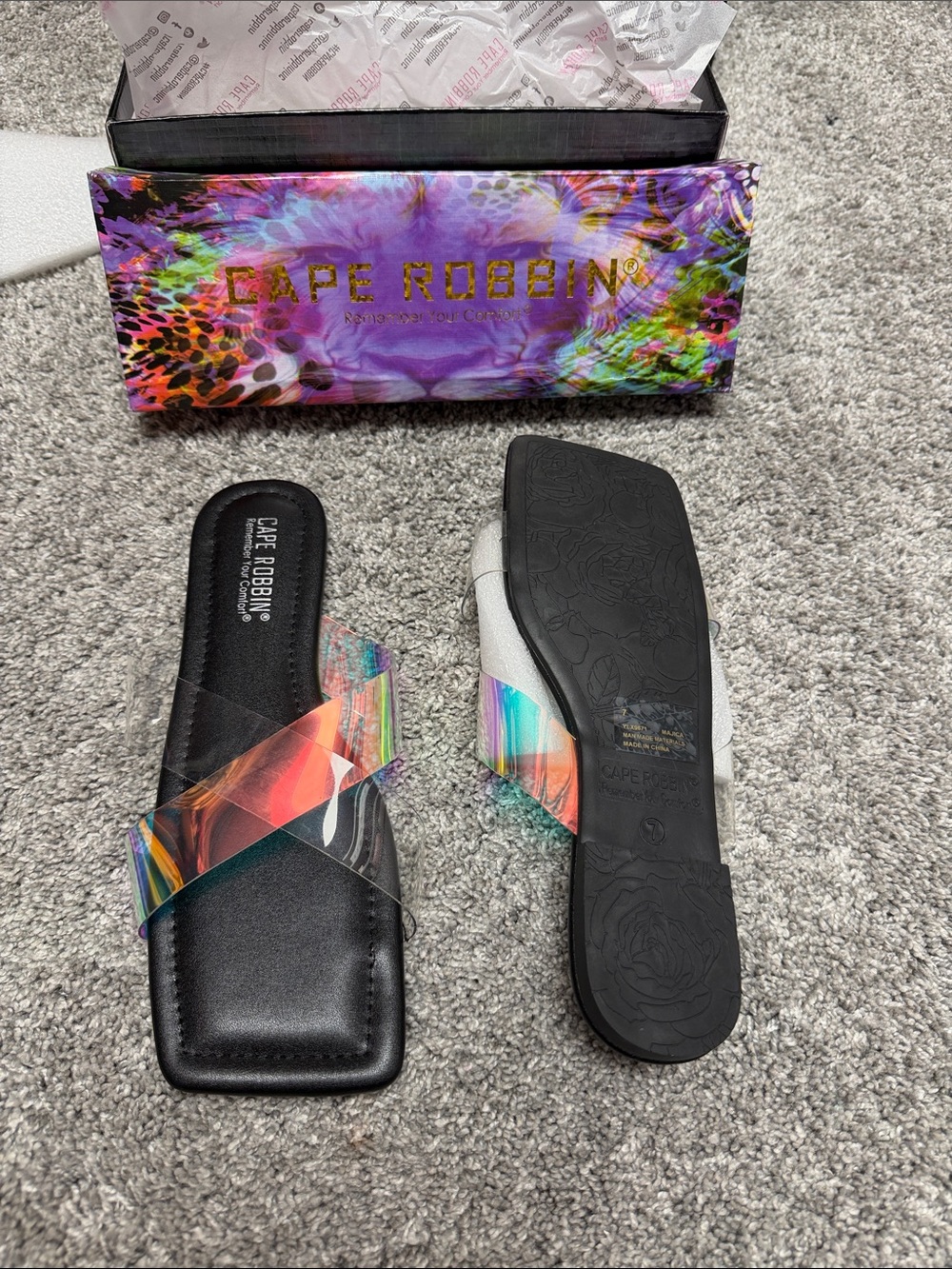 Cape Robbin Black Slide Sandals with Iridescent Rainbow Straps